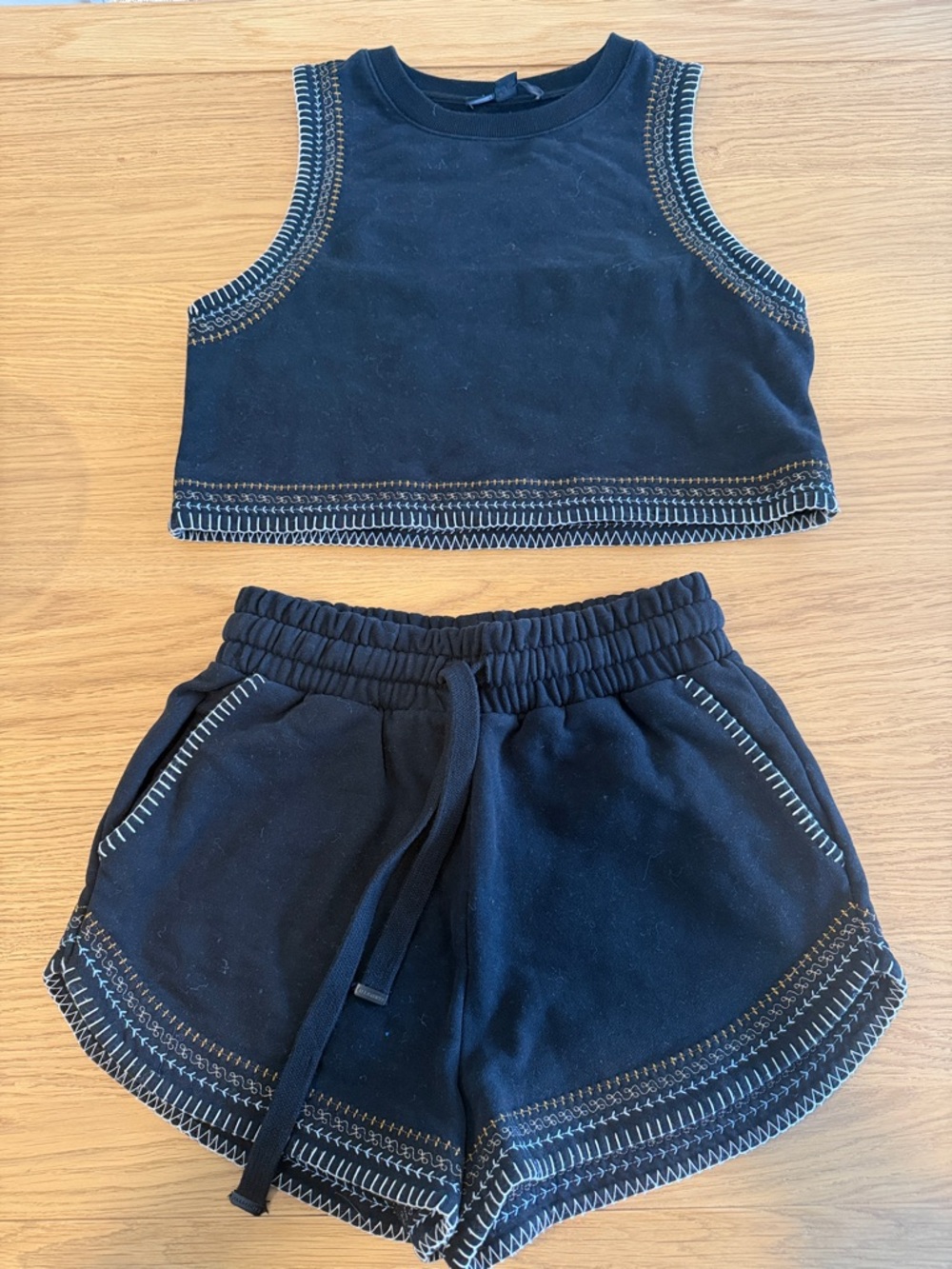 AllSaints Black Cropped Tank and Drawstring Shorts Set with Contrast Stitching